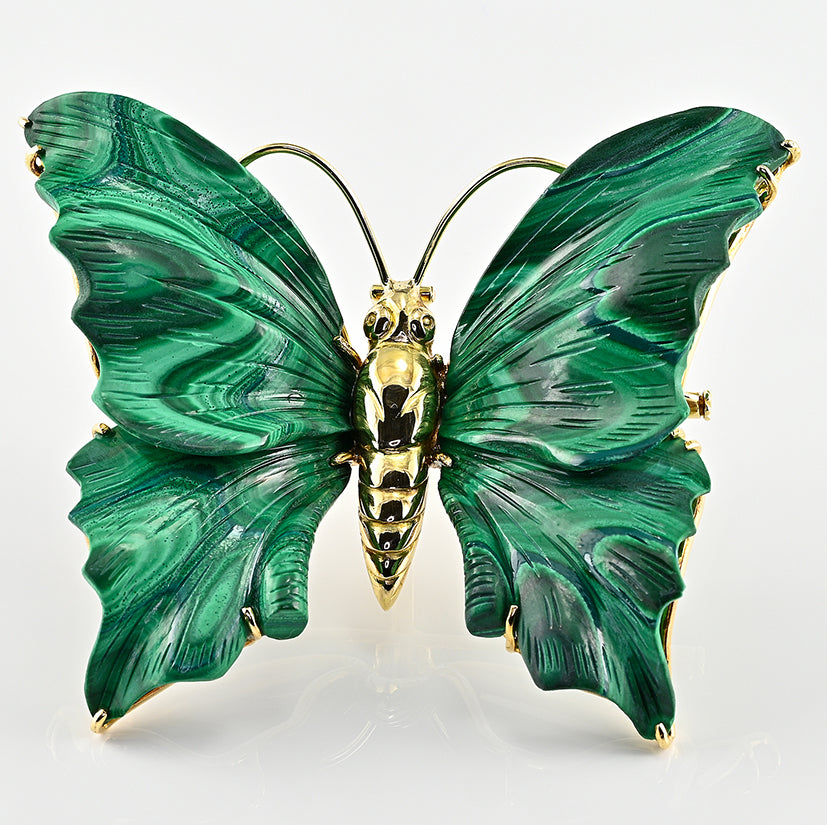 Vintage Carved Malachite Butterfly Pendant Brooch 18ct Yellow Gold