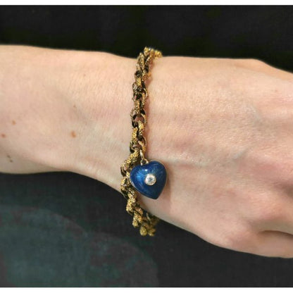 Antique Victorian Gold Heart Charm Bracelet; Prince of Wales chain bracelet with granulated links, set with natural pearl and old-cut diamond cluster clasp, suspending a modern blue guilloche enamel heart charm set with a central old-cut diamond