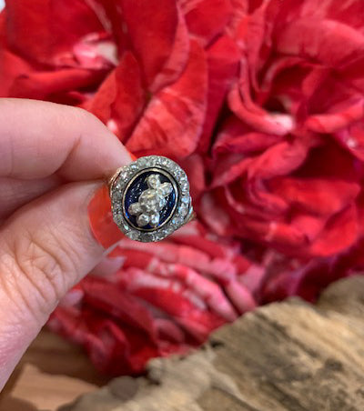Georgian Antique Rose Cut Diamond Blue Glass Ring