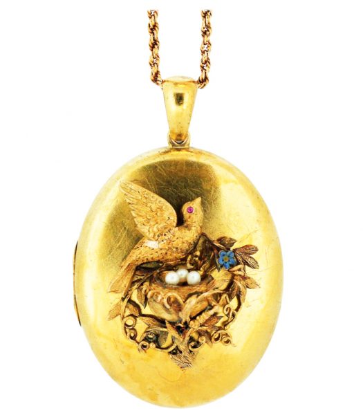 Victorian Locket Pendant, Bird Decoration with Pearls and Ruby, 15ct Gold