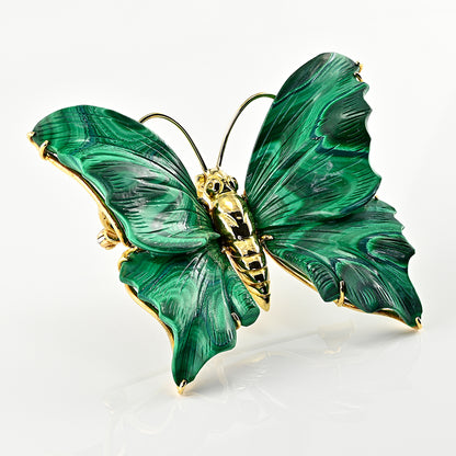 Vintage Carved Malachite Butterfly Pendant Brooch 18ct Yellow Gold