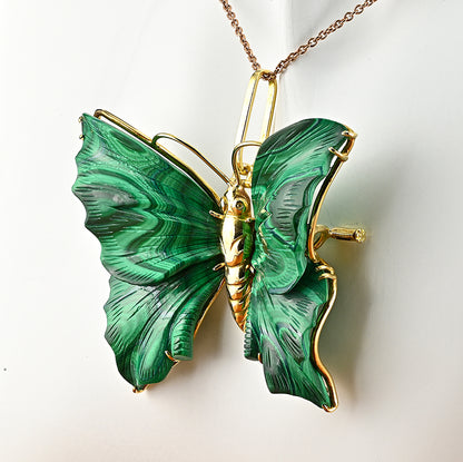 Vintage Carved Malachite Butterfly Pendant Brooch 18ct Yellow Gold