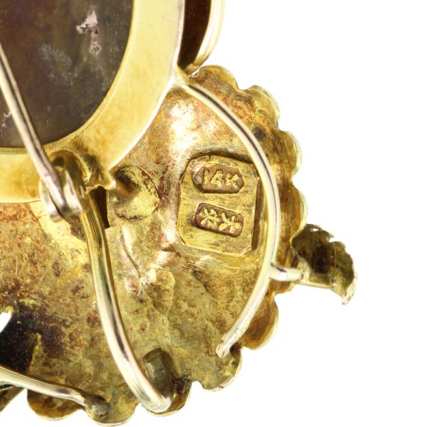 Vintage Wang Hing Moss Agate and Yellow Gold Owl Brooch, Made in China, Circa 1940s