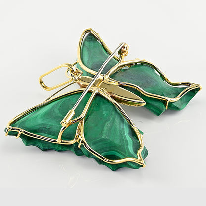 Vintage Carved Malachite Butterfly Pendant Brooch 18ct Yellow Gold