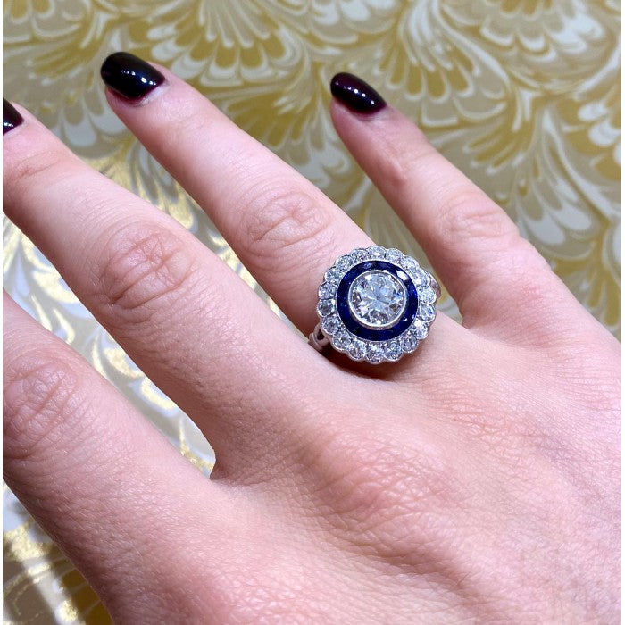 Art Deco Style 1.40ct Old Cut Diamond and Calibre Sapphire Target Cluster Ring in Platinum