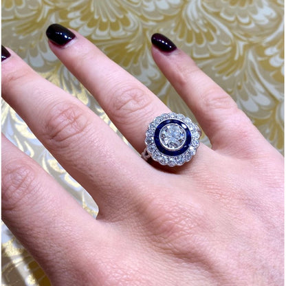 Art Deco Style 1.40ct Old Cut Diamond and Calibre Sapphire Target Cluster Ring in Platinum