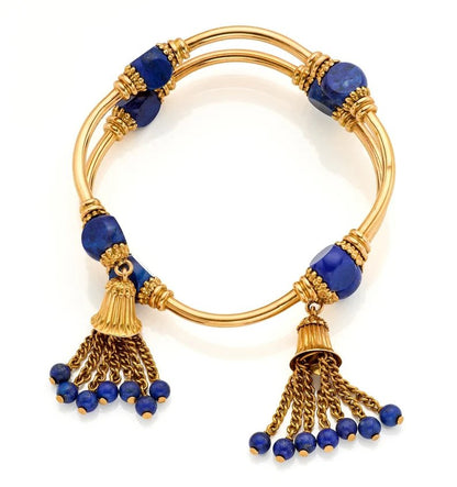 Vintage Italian Weingrill Lapis Lazuli and 18ct Yellow Gold Venezia Bracelet; handcrafted solid 18ct yellow gold interspaced with faceted triangle shaped lapis lazuli beads set within customized finials, ending with two suspended bells with gold and Lapis bead  fringes to the ends