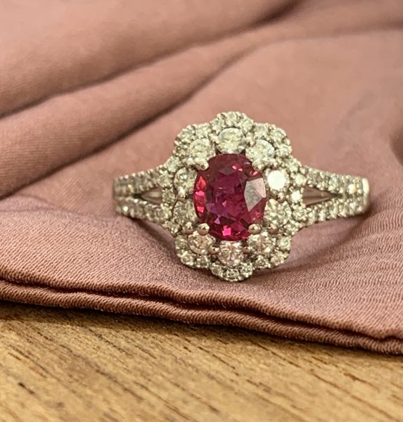 Ruby and Diamond Oval Cluster Dress Ring in 18ct Gold, 0.99 carats
