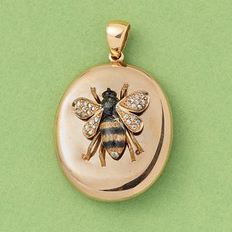 Victorian Antique 18ct Gold Enamel and Rose Cut Diamond Bee Locket Pendant