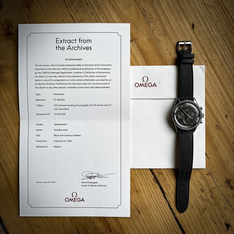 Vintage 1964 Omega Speedmaster Manual Watch, Ref ST 105.002. Made in Switzerland. Comes with an Omega Certificate Extract from the archive