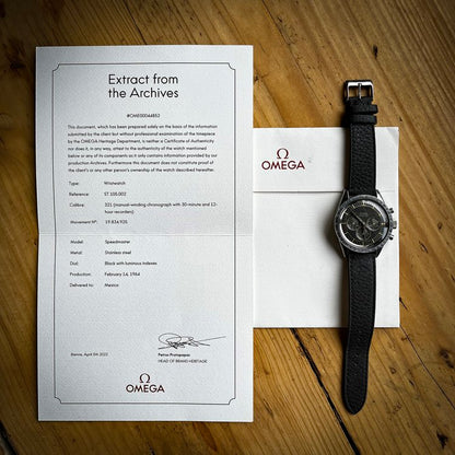 Vintage 1964 Omega Speedmaster Manual Watch, Ref ST 105.002. Made in Switzerland. Comes with an Omega Certificate Extract from the archive