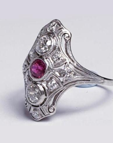 Antique Ruby and Diamond Plaque Dress Ring in Platinum