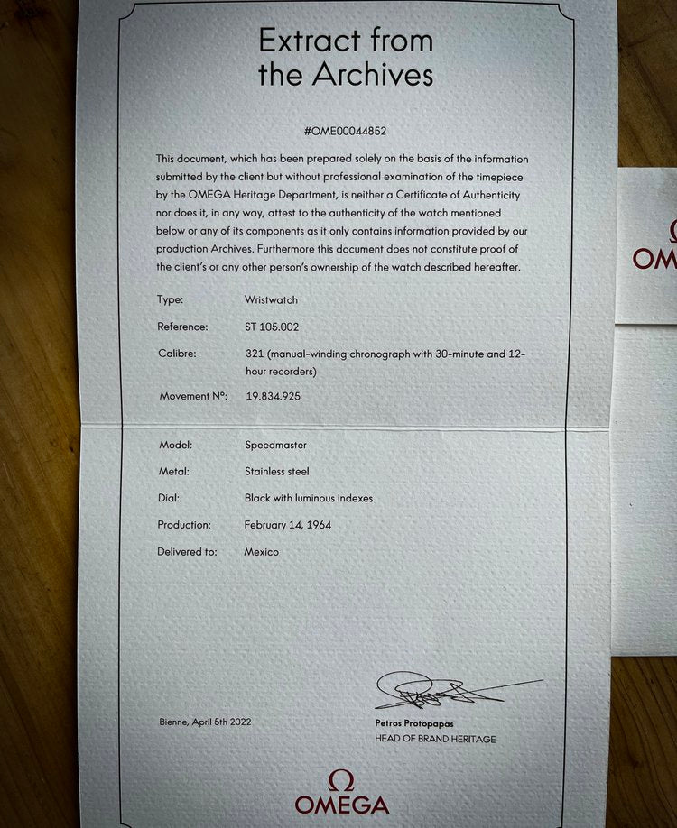 Vintage 1964 Omega Speedmaster Manual Watch, Ref ST 105.002. Made in Switzerland. Comes with an Omega Certificate Extract from the archive