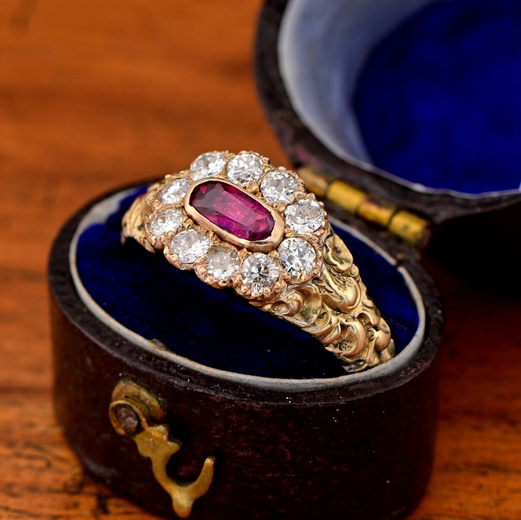 Antique Regency Natural No Heat Ruby and Old Mine Cut Diamond Cluster Memorial Ring in 18ct Yellow Gold Scroll Embossed Work