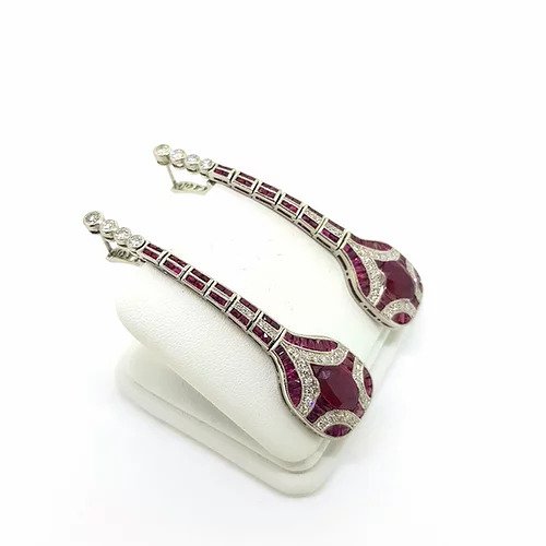 Art Deco Style Ruby, Diamond and Platinum Drop Earrings