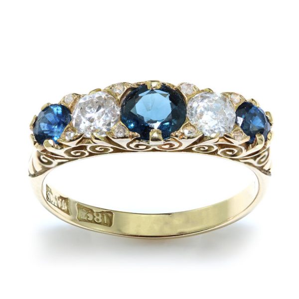 Antique Victorian Sapphire and Diamond Five Stone Ring, set with 0.80cts blue sapphires and 0.50cts old-cut diamonds, in 18ct yellow gold, Circa 1880s