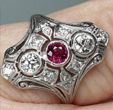 Antique Ruby and Diamond Plaque Dress Ring in Platinum