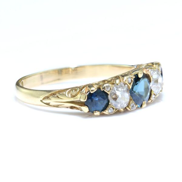 Antique Victorian Sapphire and Diamond Five Stone Ring, set with 0.80cts blue sapphires and 0.50cts old-cut diamonds, in 18ct yellow gold, Circa 1880s