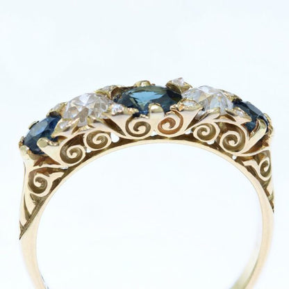 Antique Victorian Sapphire and Diamond Five Stone Ring, set with 0.80cts blue sapphires and 0.50cts old-cut diamonds, in 18ct yellow gold, Circa 1880s