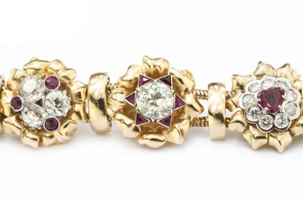 Vintage 7ct Diamond and Ruby Cluster Bracelet in 18ct Yellow Gold
