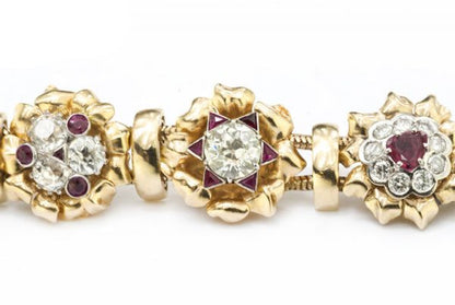 Vintage 7ct Diamond and Ruby Cluster Bracelet in 18ct Yellow Gold