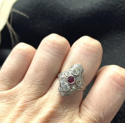 Antique Ruby and Diamond Plaque Dress Ring in Platinum