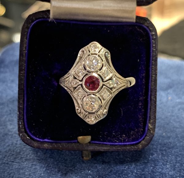 Antique Ruby and Diamond Plaque Dress Ring in Platinum