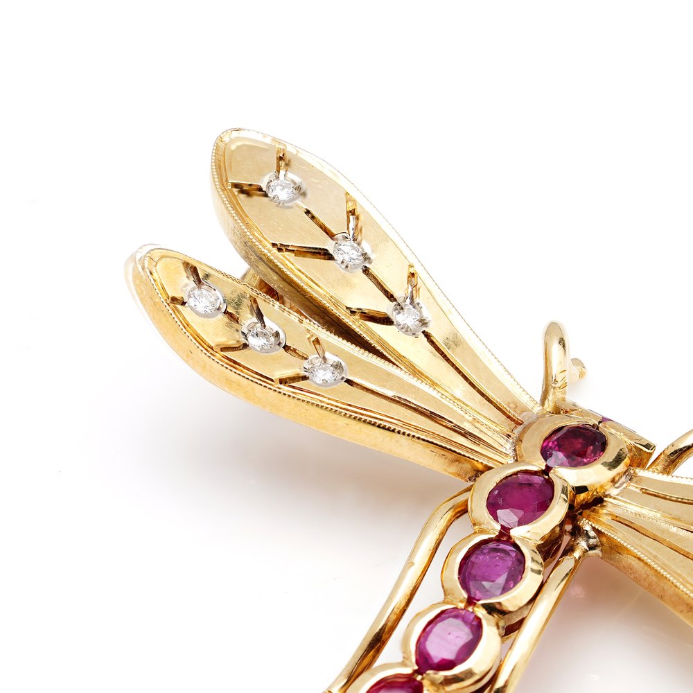 Vintage 18ct Yellow Gold Dragonfly Brooch with Diamonds Rubies