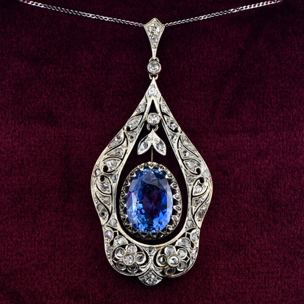 Antique Belle Epoque 7ct Natural No Heat Sapphire and Rose Cut Diamond Pendant