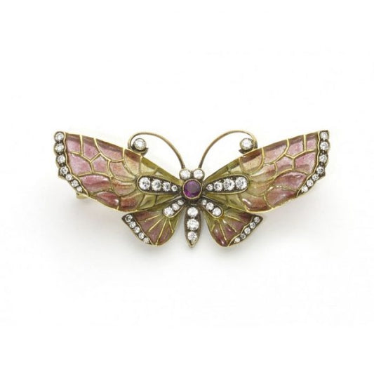 Red to Yellow Enamel and Diamond Butterfly Brooch; red to yellow plique á jour enamel wings, diamonds in the body and wings and a central ruby, in 18ct yellow gold