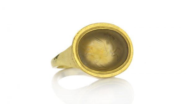 Ancient Roman Agate Intaglio of Pegasus in Vintage 18ct Yellow Gold Ring; Intaglio made in Circa 200 BC, shank added later Circa 1980s
