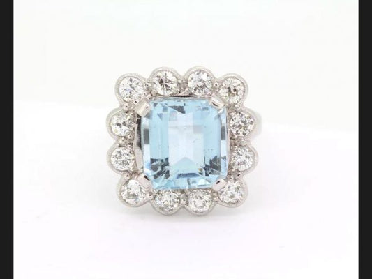 Aquamarine and Diamond Cluster Ring, 10.50ct total, Platinum