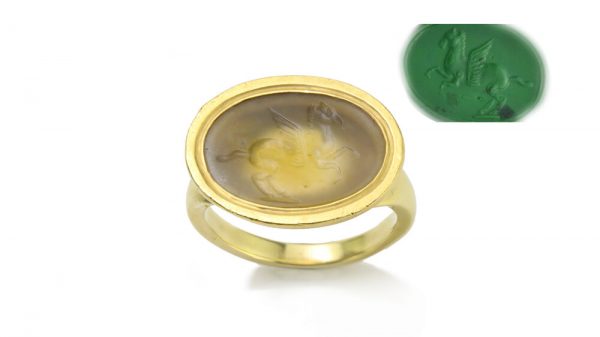 Ancient Roman Agate Intaglio of Pegasus in Vintage Gold Ring