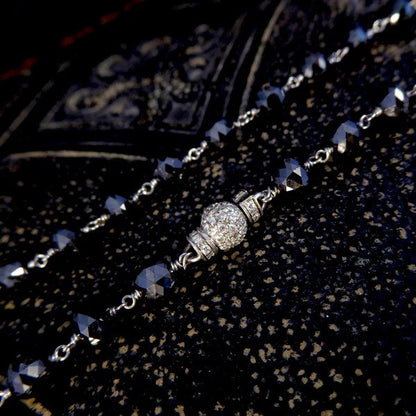 Vintage 100ct Briolette Black Diamond Bead Long Necklace with White Diamond Clasp, Circa 1970