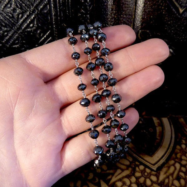 Vintage 100ct Briolette Black Diamond Bead Long Necklace with White Diamond Clasp, Circa 1970