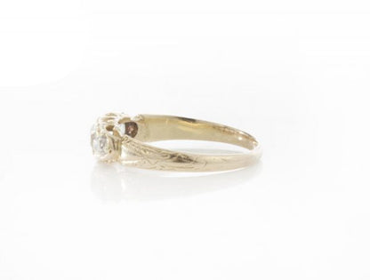 Antique Victorian Old Cut Diamond Five Stone Ring; set with five graduating old-cut diamonds, in 15ct yellow gold. Made in England, Circa 1860s