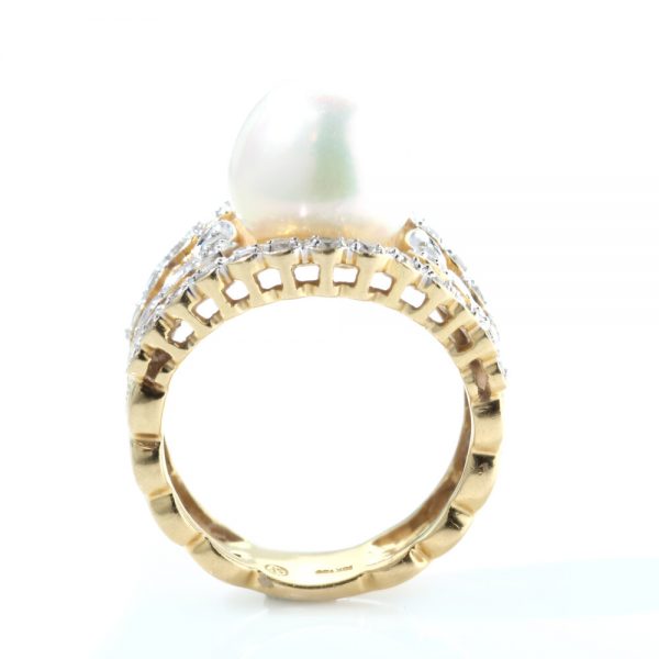 Vintage 1950s Pearl and Diamond Dress Ring in 18ct Yellow Gold