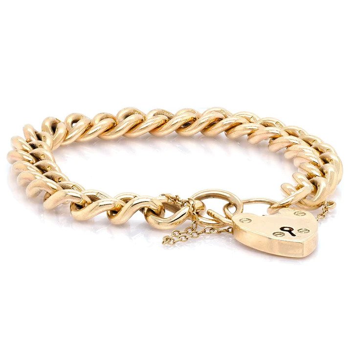 9ct Yellow Gold Curb Link Charm Bracelet with Heart Padlock Clasp
