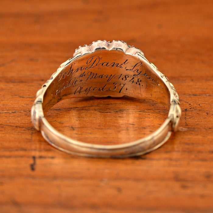 Antique Regency Natural No Heat Ruby and Old Mine Cut Diamond Cluster Memorial Ring engraved to reverse