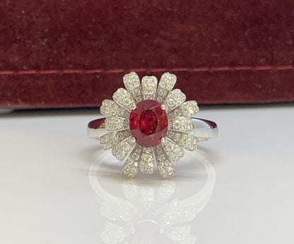 1.28ct Burmese Ruby and Diamond Flower Cluster Dress Ring in 18ct White Gold