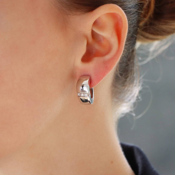 Vintage Mauboussin Paris diamond chunky huggie hoop earrings in white gold.