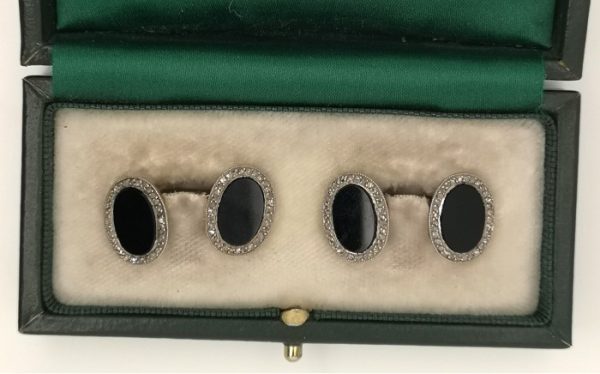 Art Deco Black Onyx and Diamond Oval Cufflinks, Circa 1930