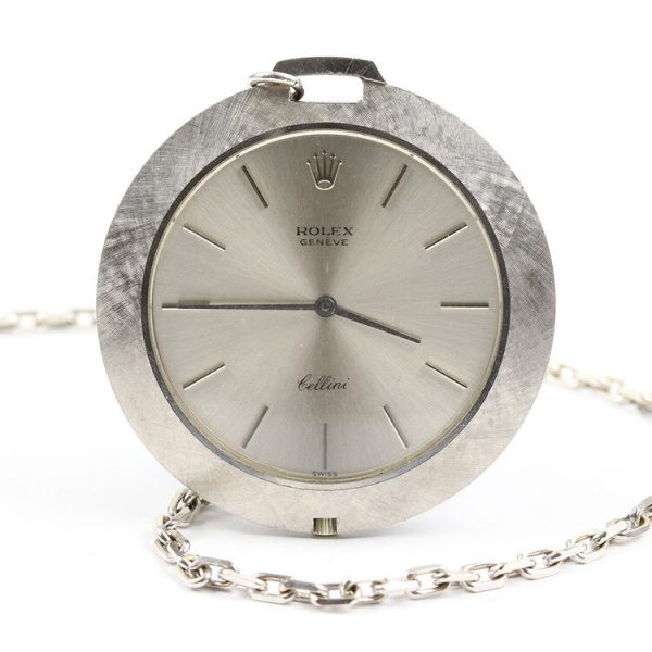 Rolex Cellini 18ct White Gold 3608 Pocket Watch and 18ct White Gold Chain, 39mm case diameter with 6 mm thickness including crystal, mechanical hand-winding movement, with Rolex box and papers
