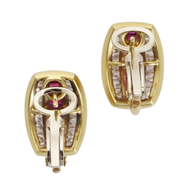 Vintage 18ct Gold Ruby and Diamond Earrings with post and clip fittings