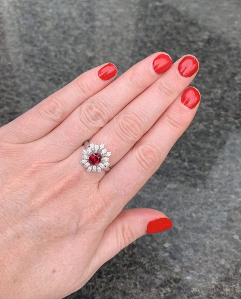 David Jerome 1.28cts Burma No Heat Ruby and Diamond Flower Dress Ring