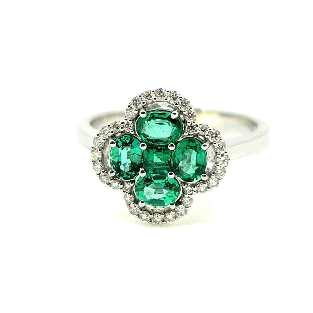 VCA Style Emerald and Diamond Floral Cluster Dress Ring in 18ct white gold