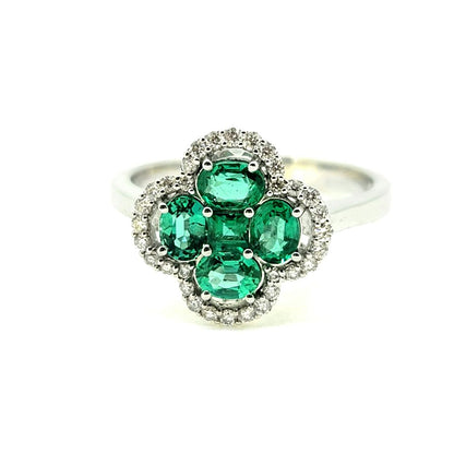 VCA Style Emerald and Diamond Floral Cluster Dress Ring in 18ct white gold