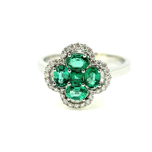 VCA Style Emerald and Diamond Floral Cluster Dress Ring in 18ct white gold