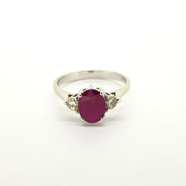 Ruby and Diamond Three Stone Ring in 18ct White Gold