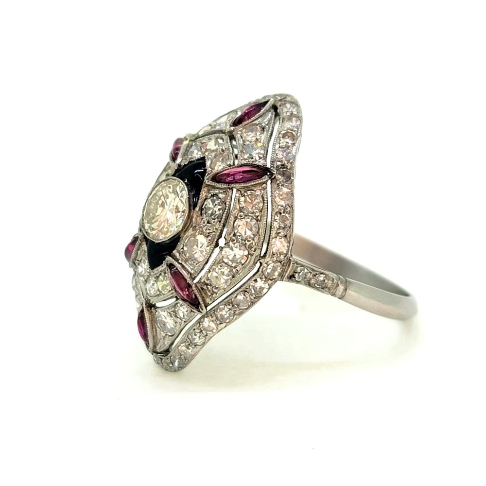 Art Deco Ruby Onyx and Diamond Cluster Dress Ring